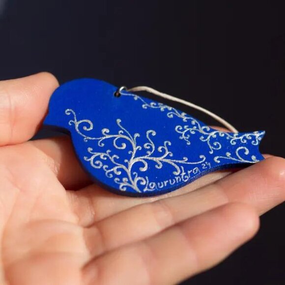 Bird Shaped Mandala Ornament Dot Art: Hand-Painted Acrylic Blue Ornament - Picture 2 of 3